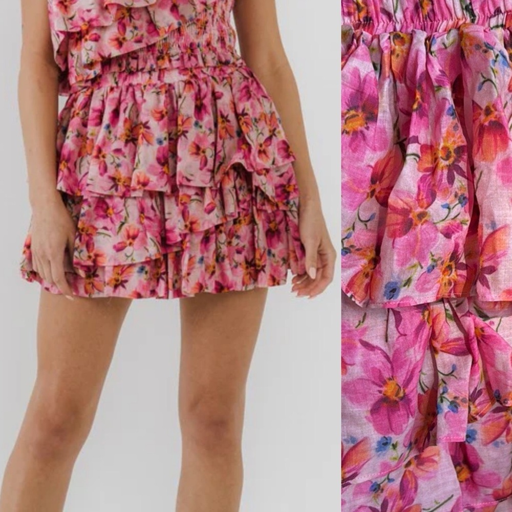 NWT Endless Rose Vibrant Kennedy Floral Pink Floral Mini Skirt Size Large